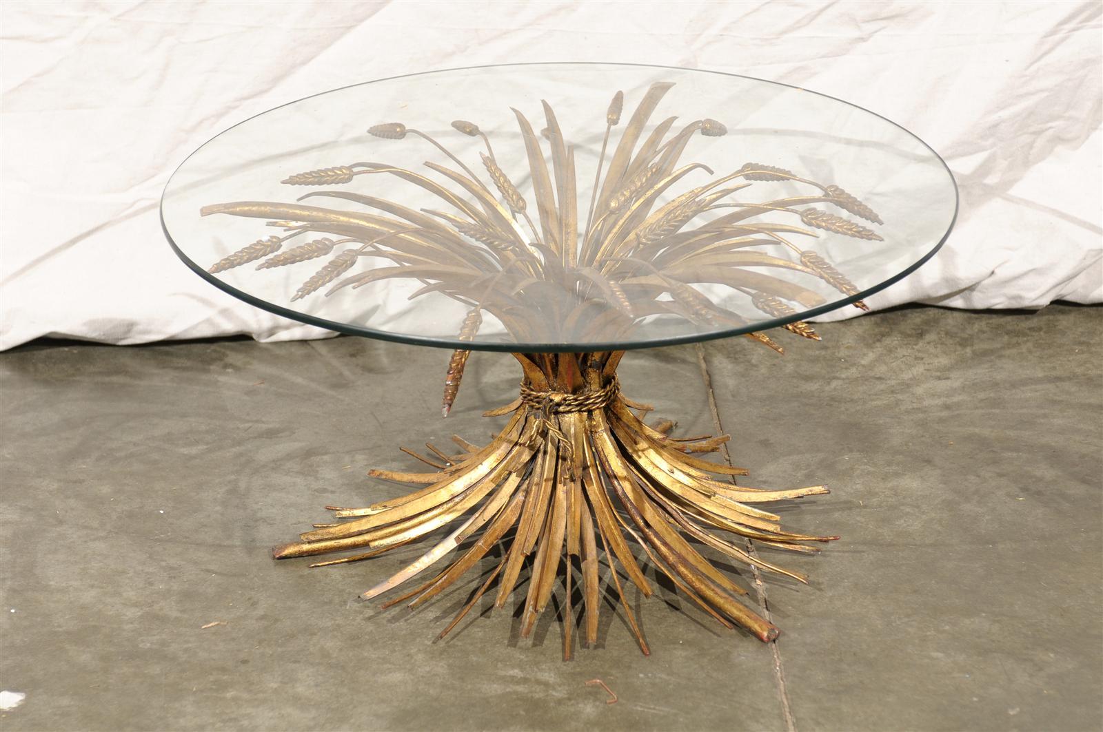 Mid-20th Century Gilt Metal Sheaf of Wheat Coffee Table with Round Glass Top 2