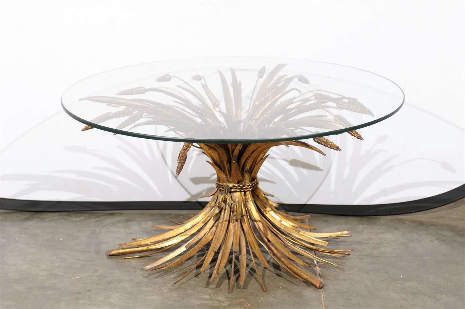 Mid-20th Century Gilt Metal Sheaf of Wheat Coffee Table with Round Glass Top 3