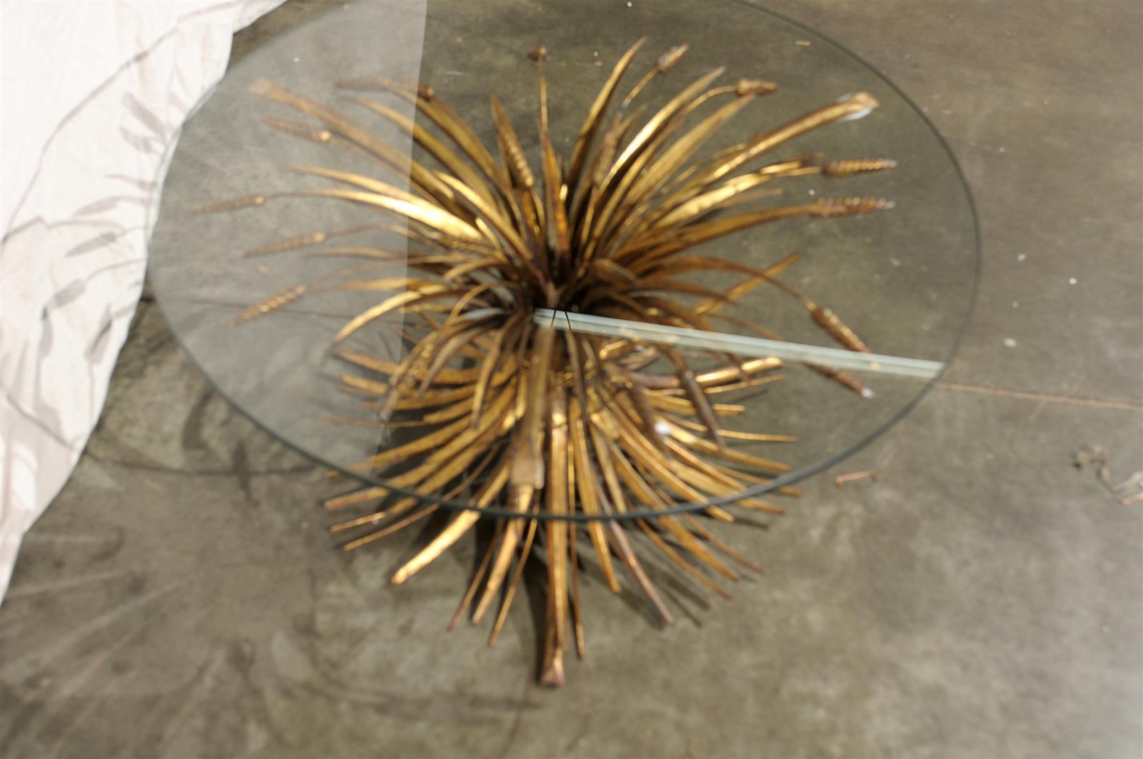 Mid-20th Century Gilt Metal Sheaf of Wheat Coffee Table with Round Glass Top 4