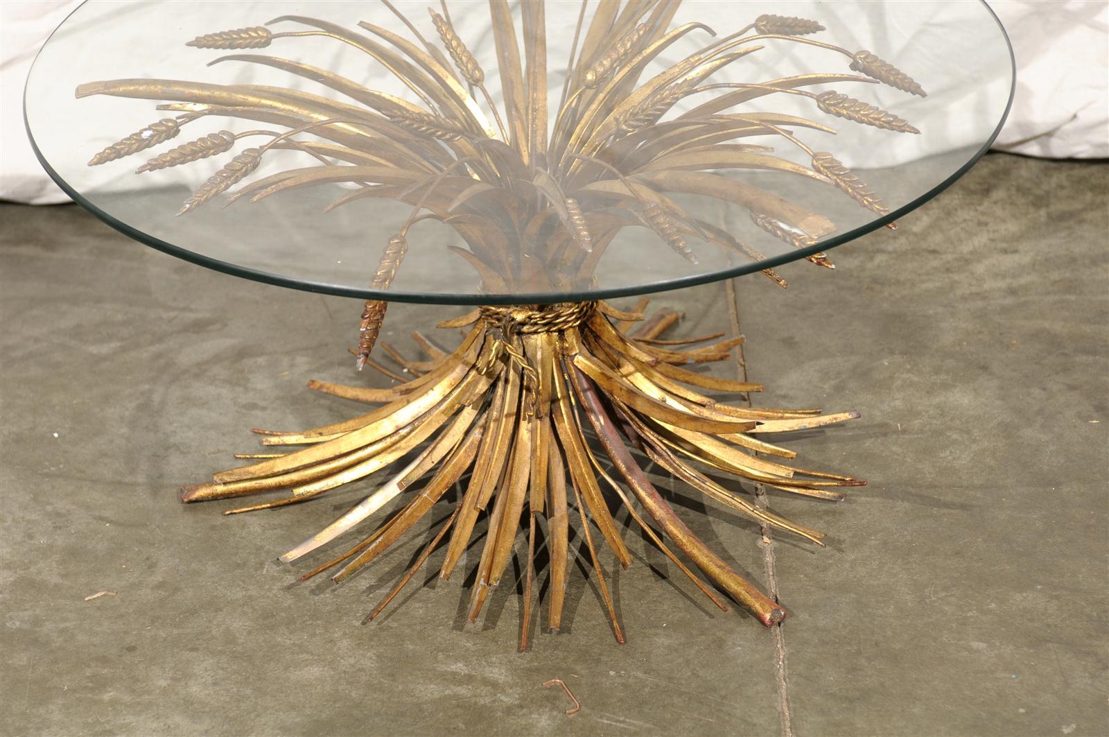 Mid-20th Century Gilt Metal Sheaf of Wheat Coffee Table with Round Glass Top 5