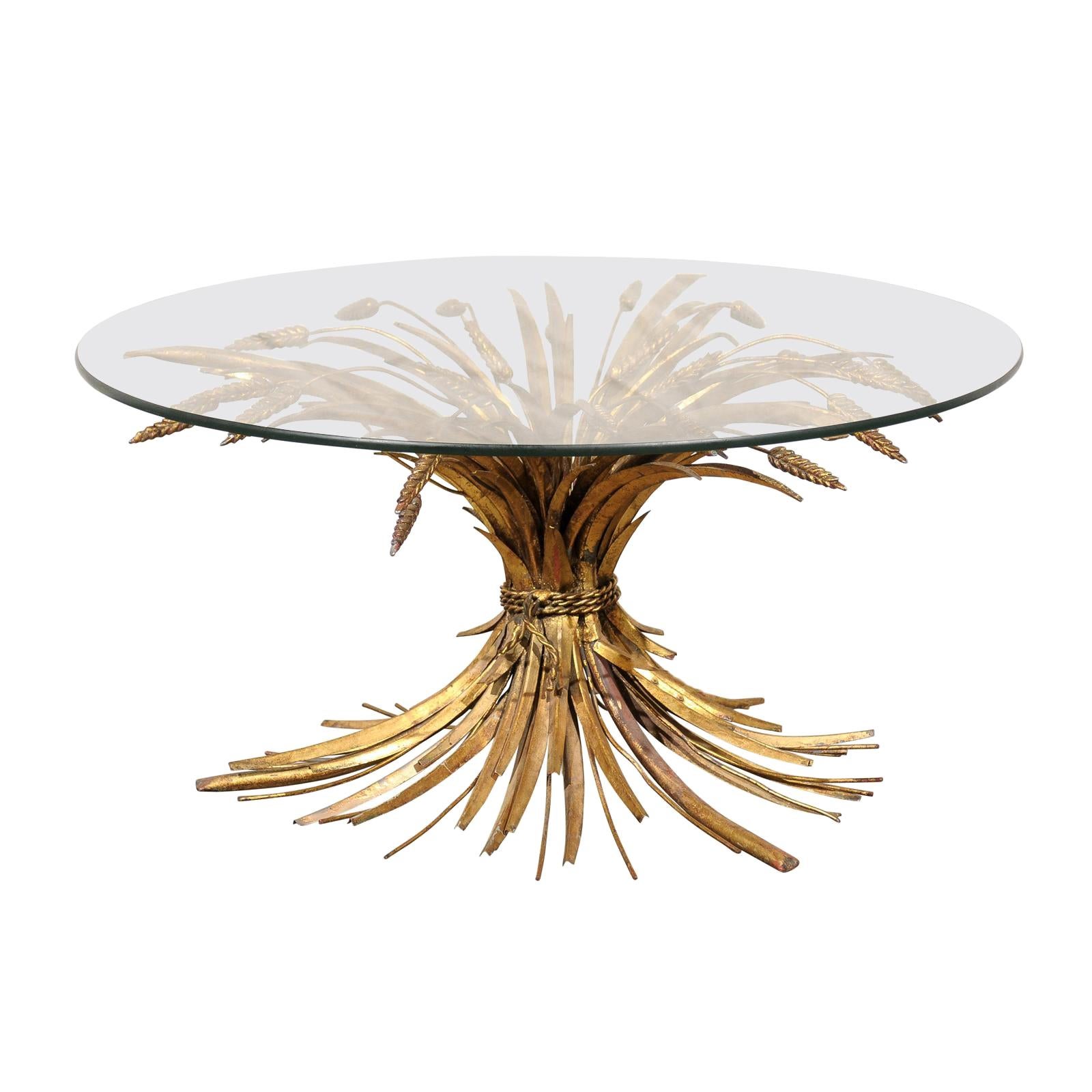 Mid-20th Century Gilt Metal Sheaf of Wheat Coffee Table with Round Glass Top