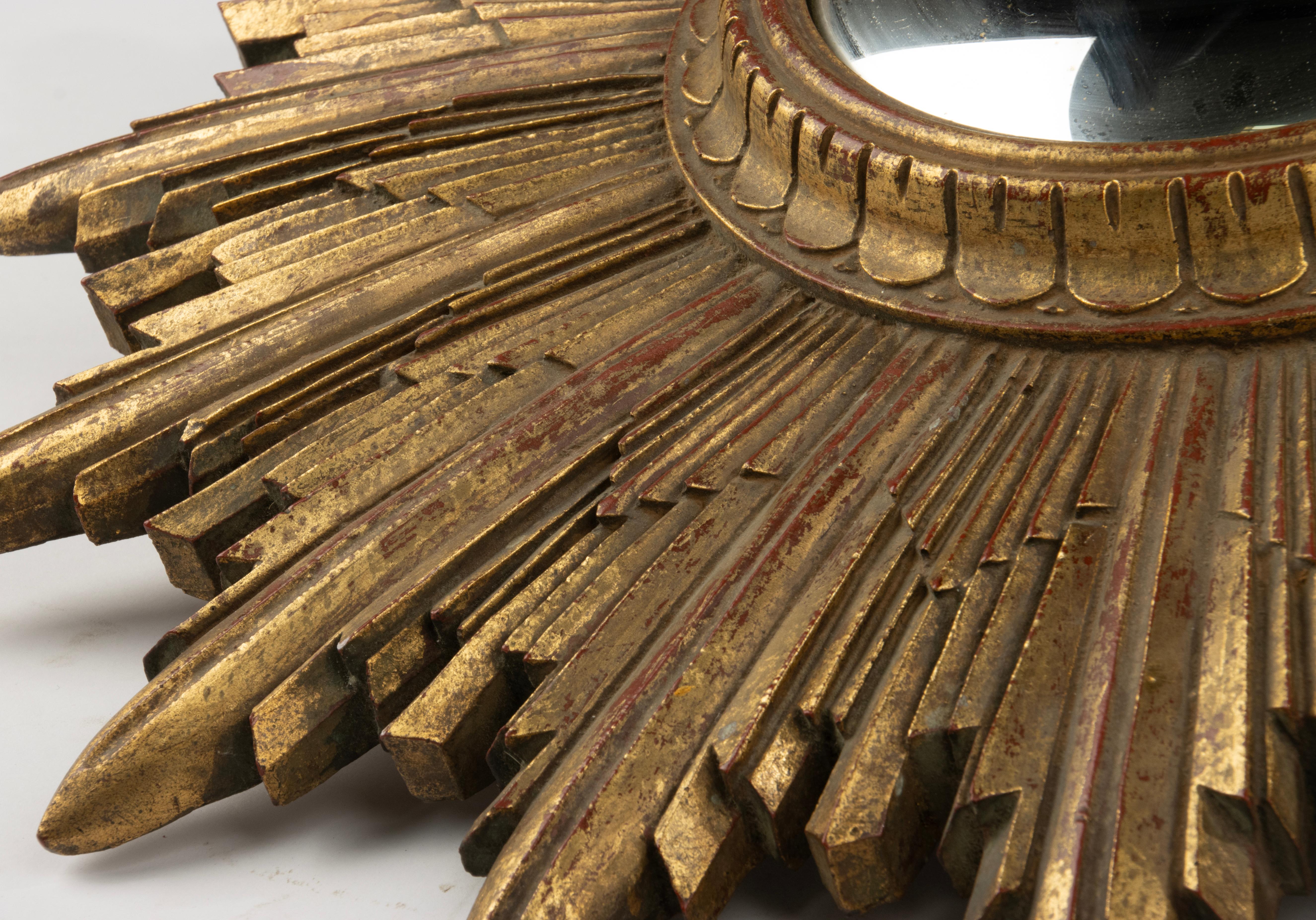 Mirror Mid 20th Century Gilt Resin Convex Sunburst mirror For Sale