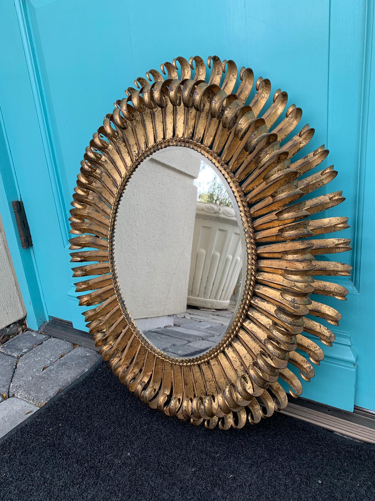 Mid-20th Century Gilt Tole Oval Sunburst Mirror, circa 1970s In Good Condition In Atlanta, GA