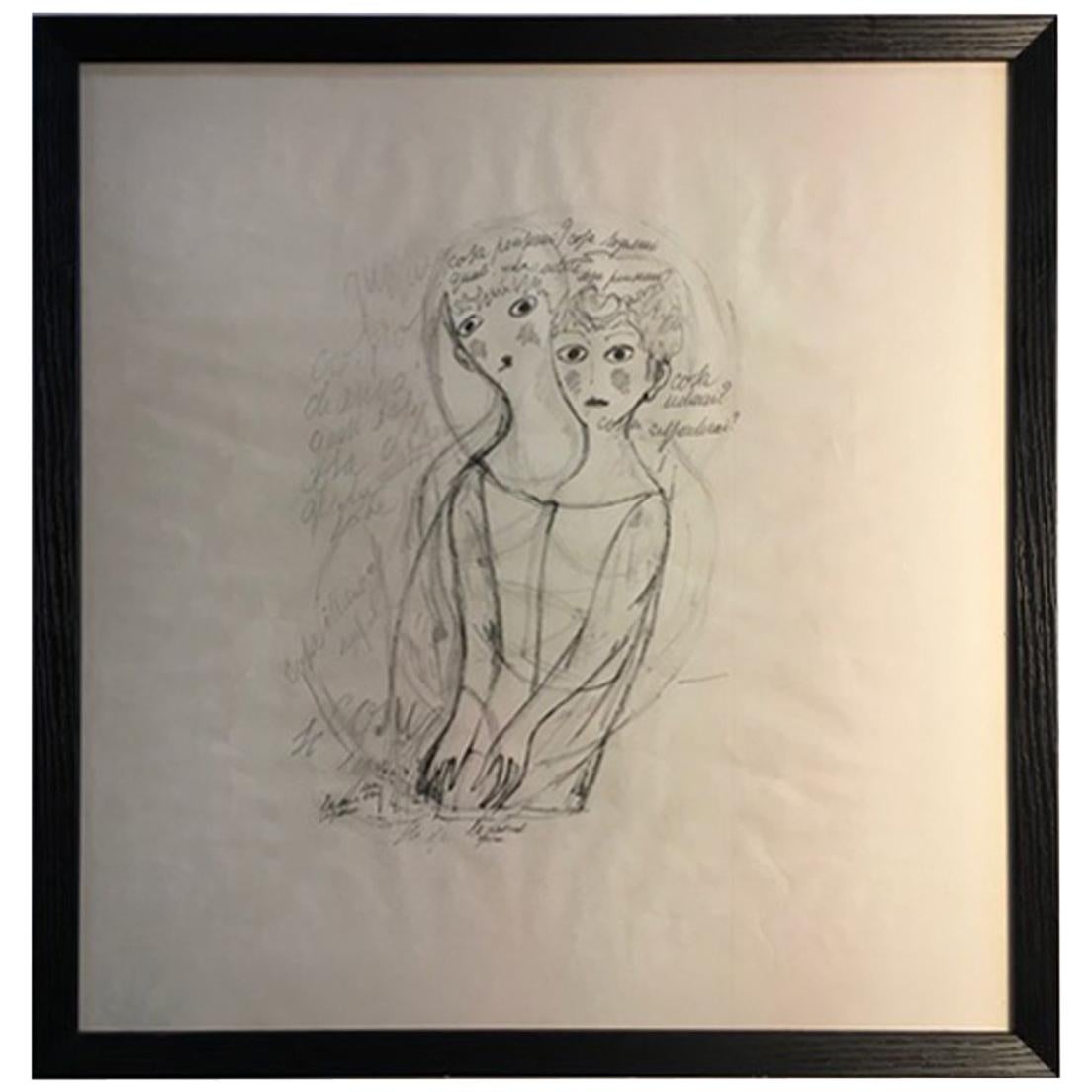 Mid-20th Century Gio Ponti Drawing in a Wood Black Frame, Italy, circa 1970