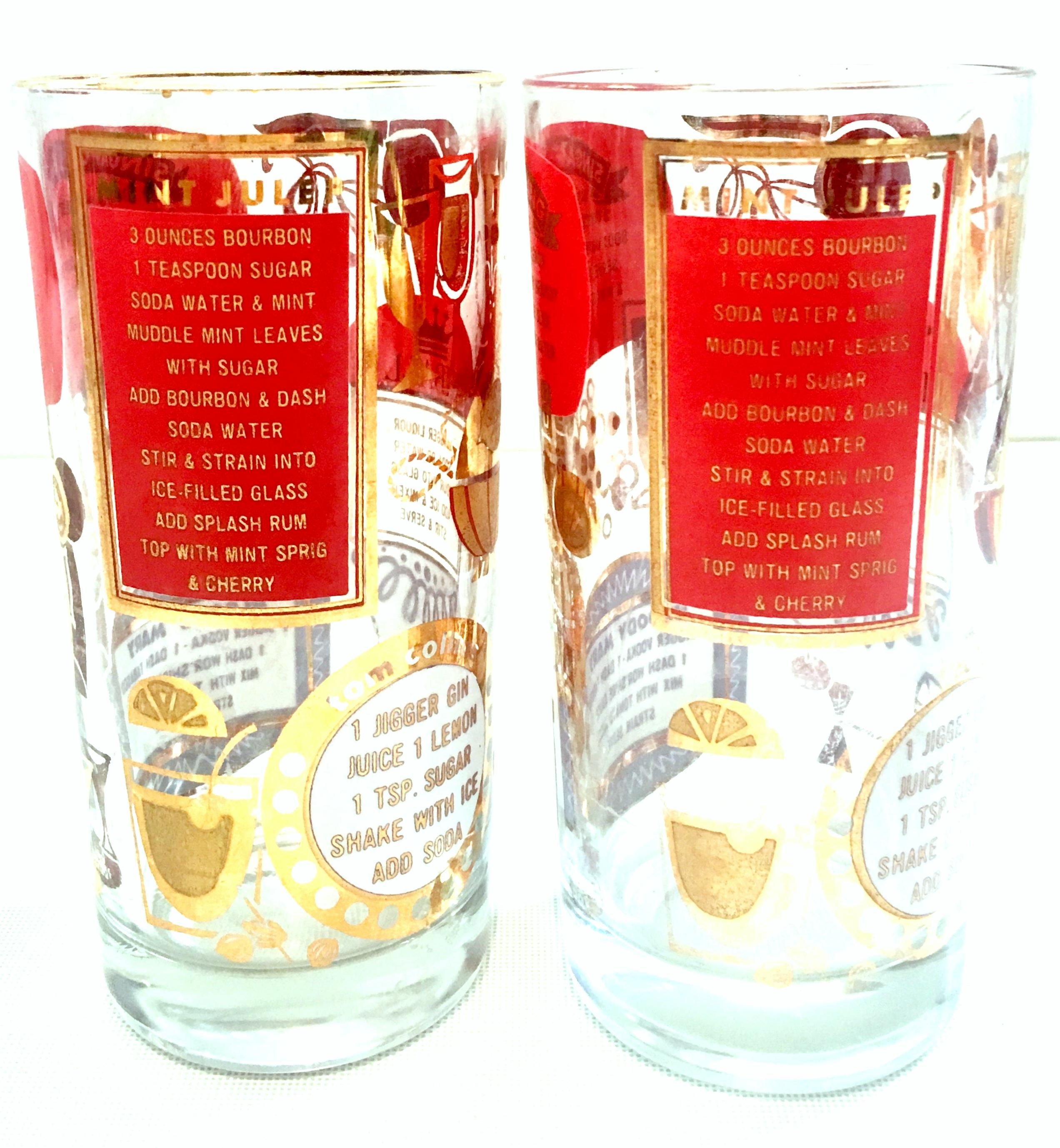 Mid-20th Century blown glass and 22-karat gold printed cocktail recipe high ball drink glasses set of 4.