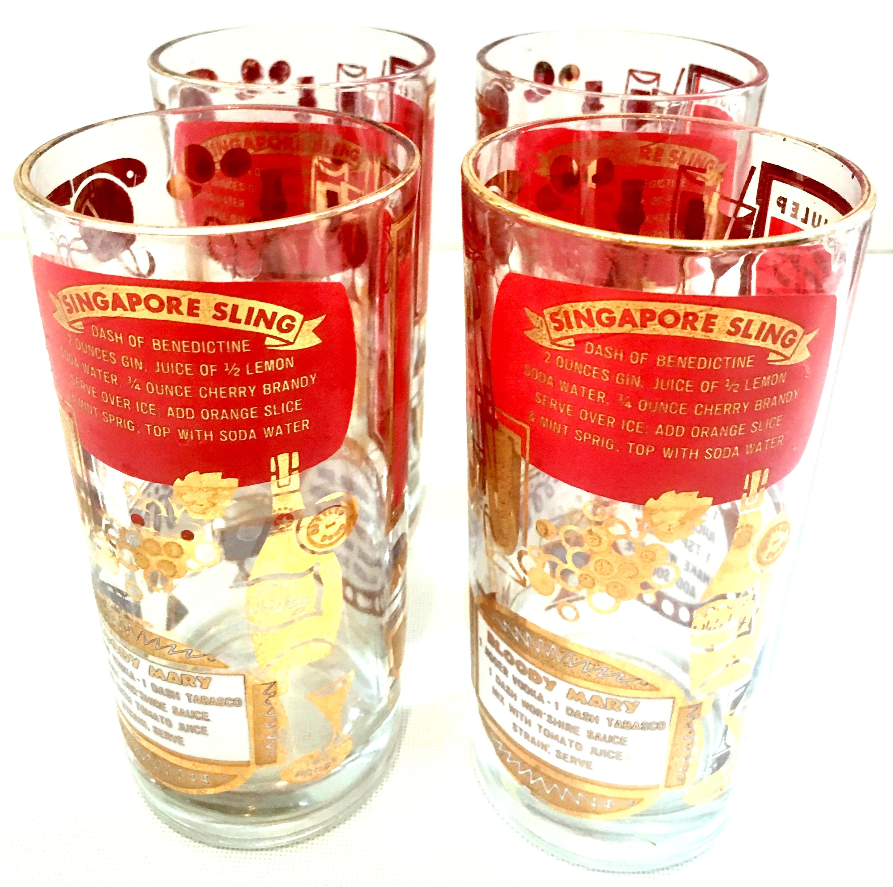 Hollywood Regency Glass and 22-Karat Gold Printed Cocktail Recipe High Ball Glasses Set of 4
