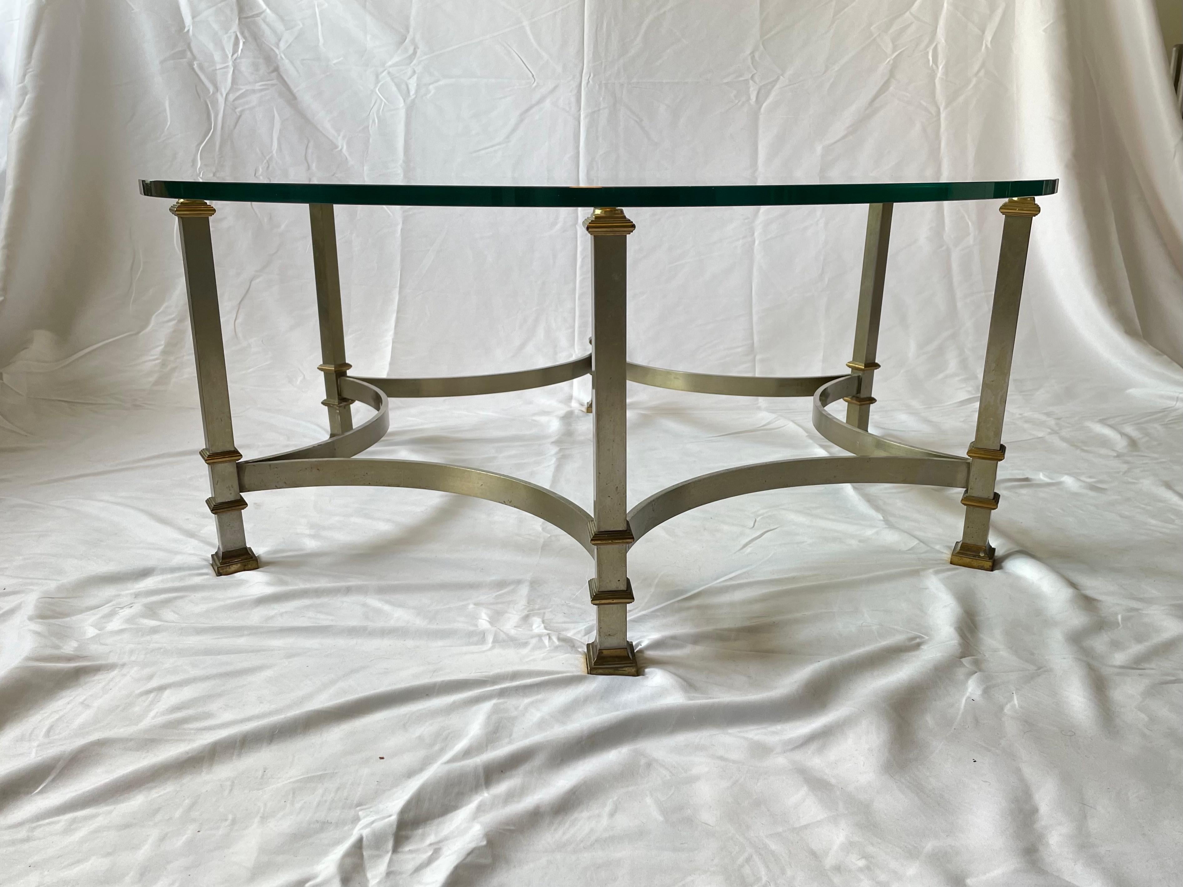 Mid Century Glass and Steel Coffee Table with Brass Mounts Maison Jansen style In Good Condition For Sale In W Allenhurst, NJ