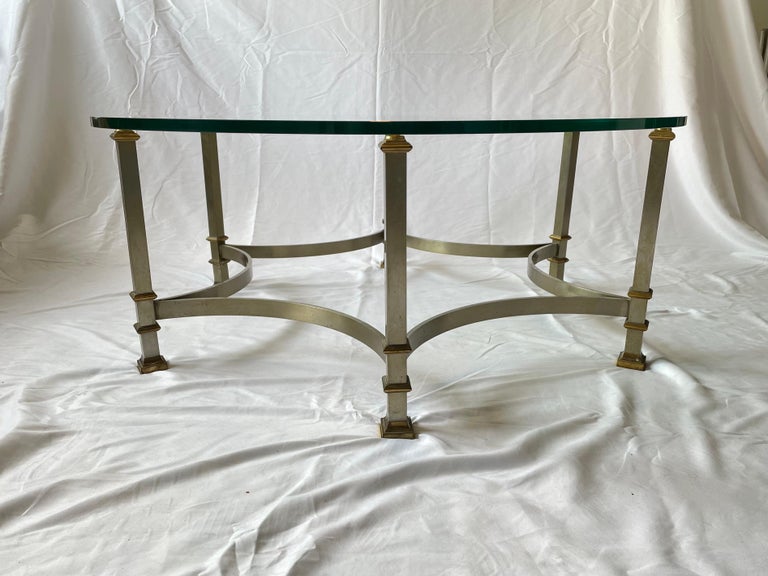 Mid Century Glass and Steel Coffee Table with Brass Mounts Maison Jansen style For Sale at 1stDibs