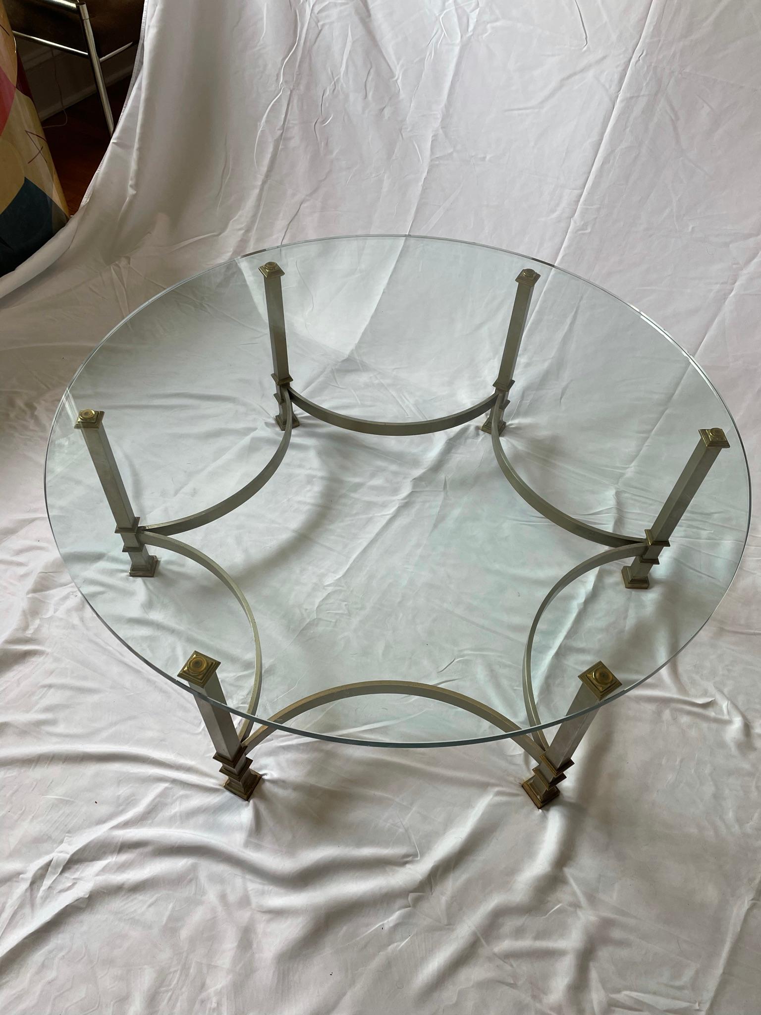 20th Century Mid Century Glass and Steel Coffee Table with Brass Mounts Maison Jansen style For Sale
