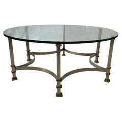 Vintage Mid Century Glass and Steel Coffee Table with Brass Mounts Maison Jansen style