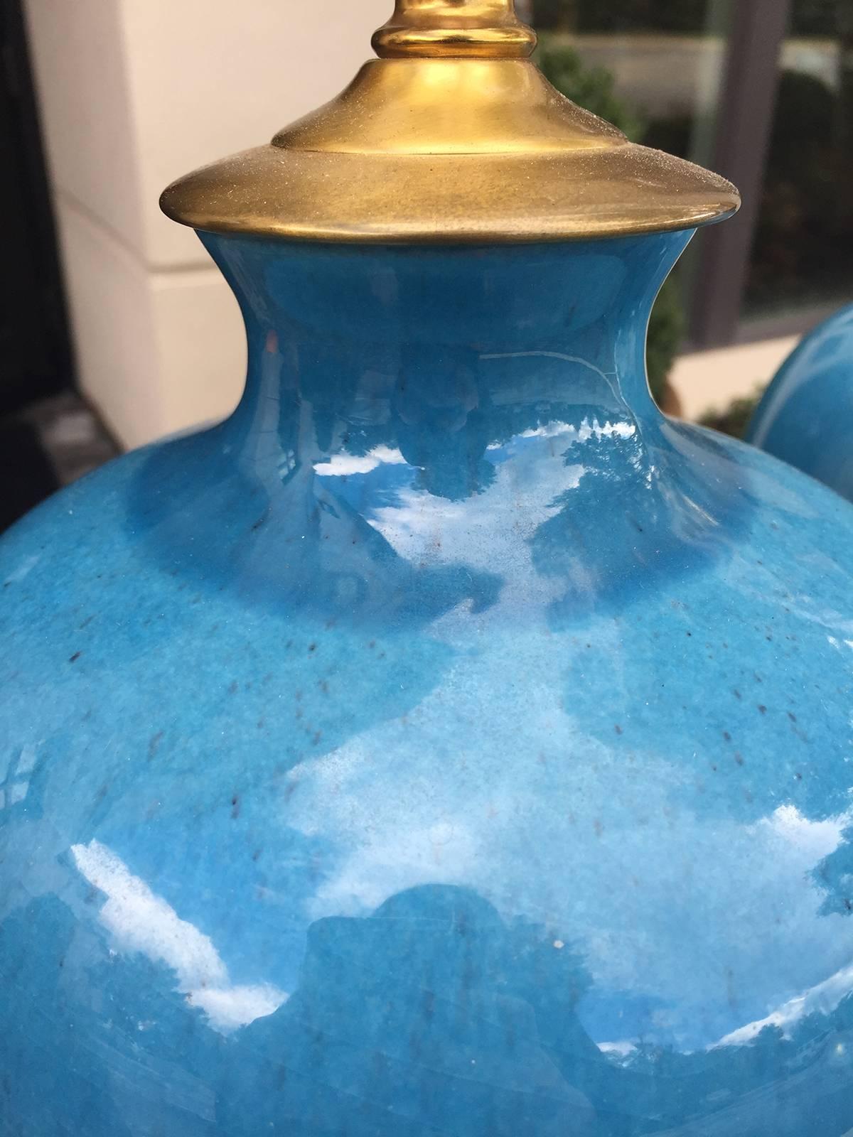 Mid-20th Century Glazed Blue Porcelain Lamp, Brass Base In Good Condition In Atlanta, GA