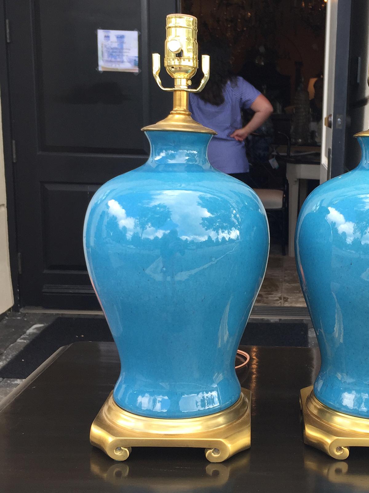 Mid-20th Century Glazed Blue Porcelain Lamp, Brass Base 2