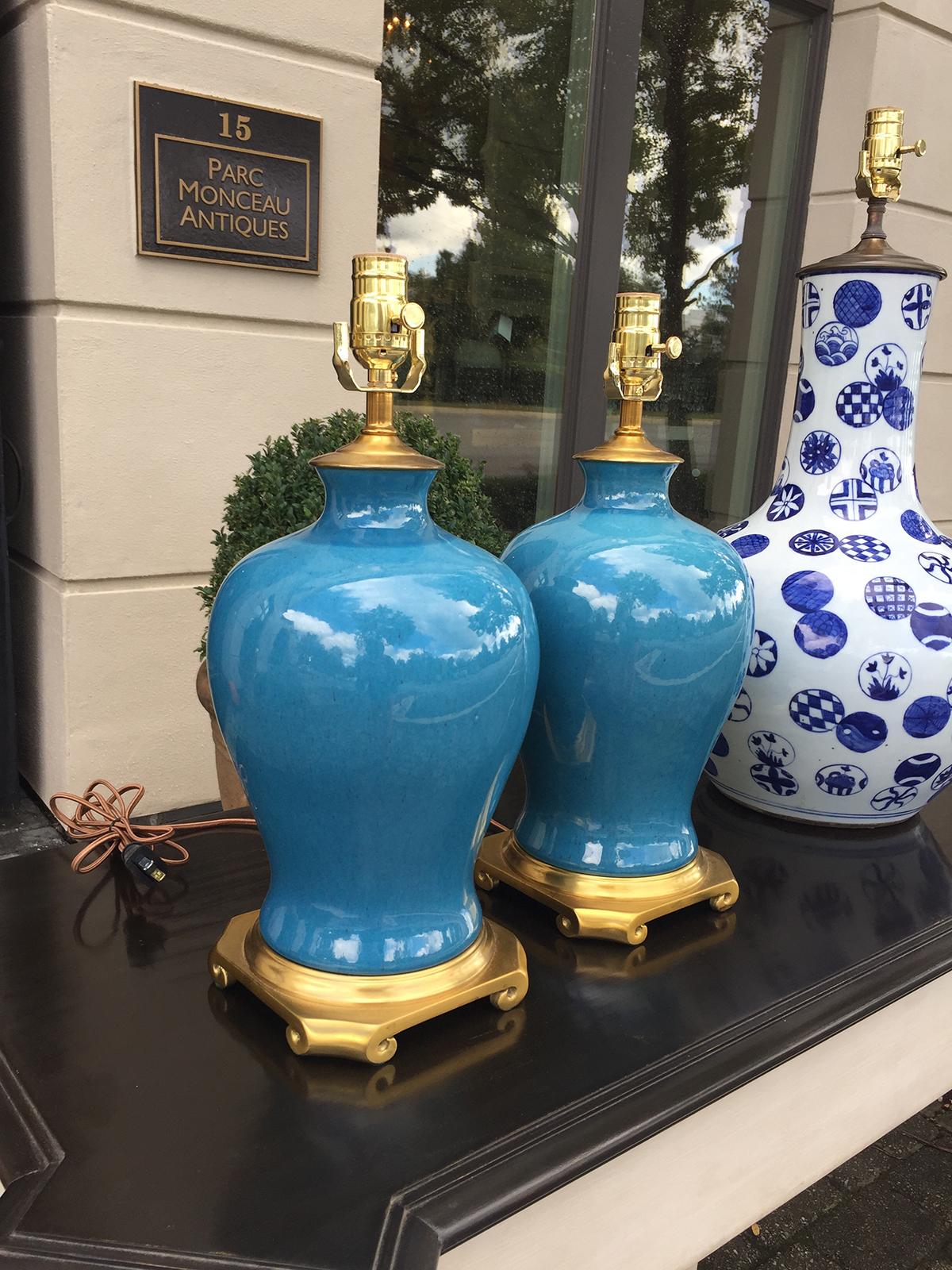 Mid-20th Century Glazed Blue Porcelain Lamp, Brass Base 3