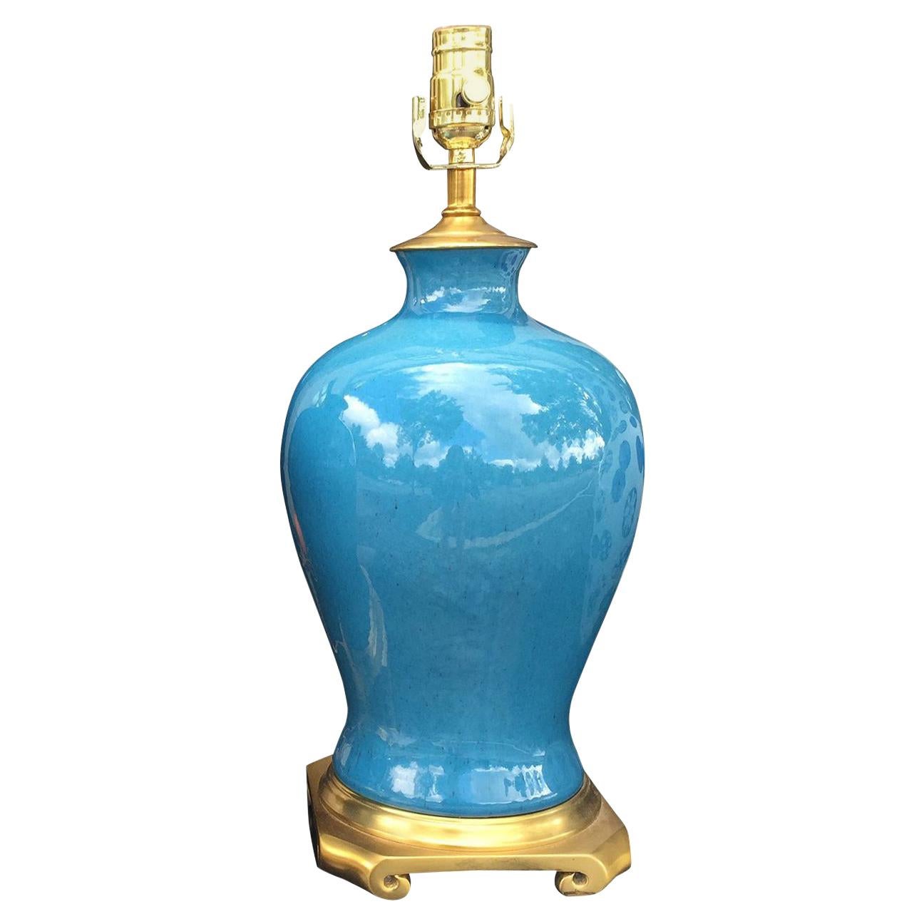 Mid-20th Century Glazed Blue Porcelain Lamp, Brass Base