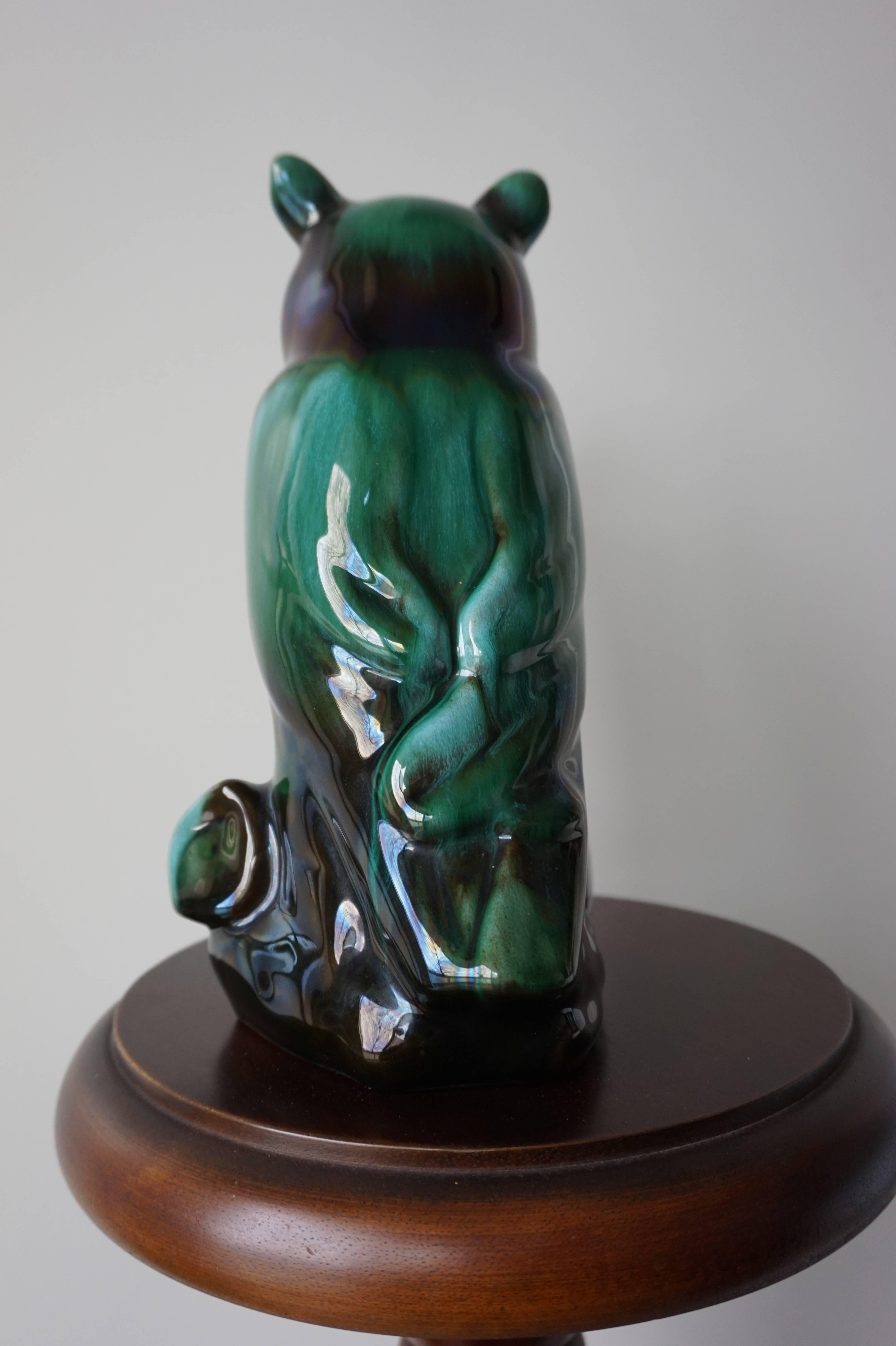 Mid-20th Century Glazed Earthenware Owl in Stunning Color and Mint Condition In Excellent Condition For Sale In Lisse, NL