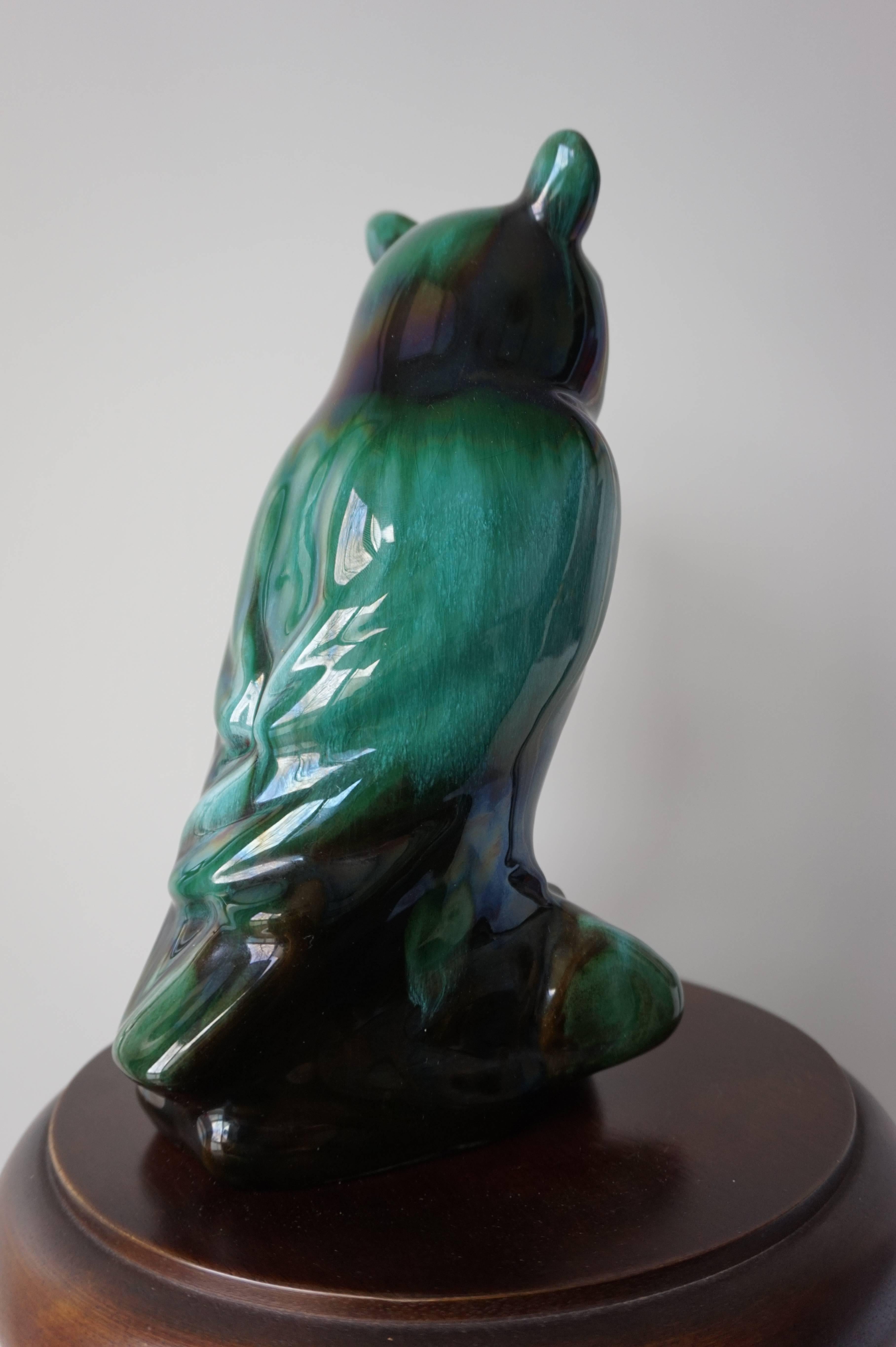 Mid-20th Century Glazed Earthenware Owl in Stunning Color and Mint Condition For Sale 1