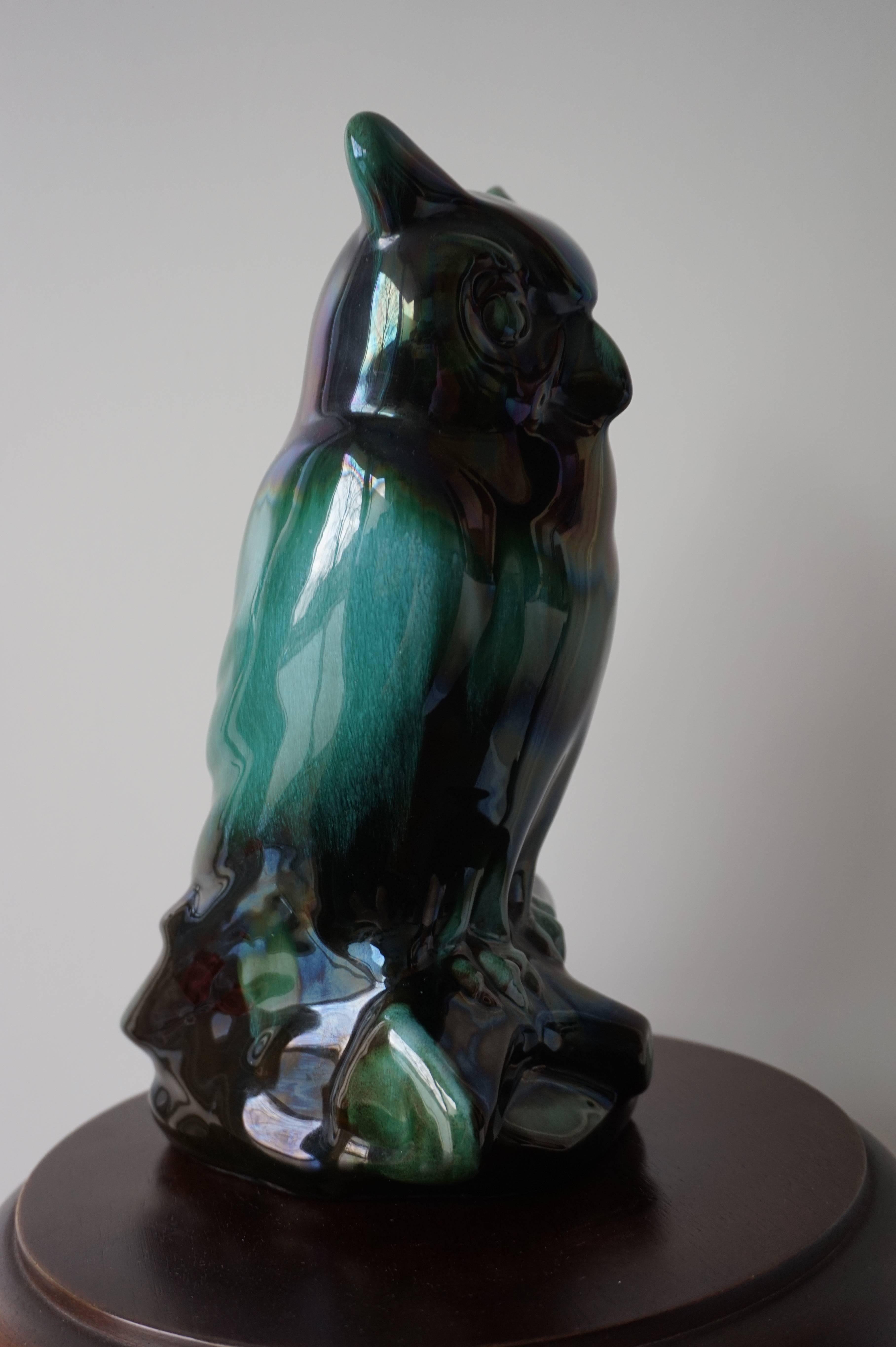 Mid-20th Century Glazed Earthenware Owl in Stunning Color and Mint Condition For Sale 2