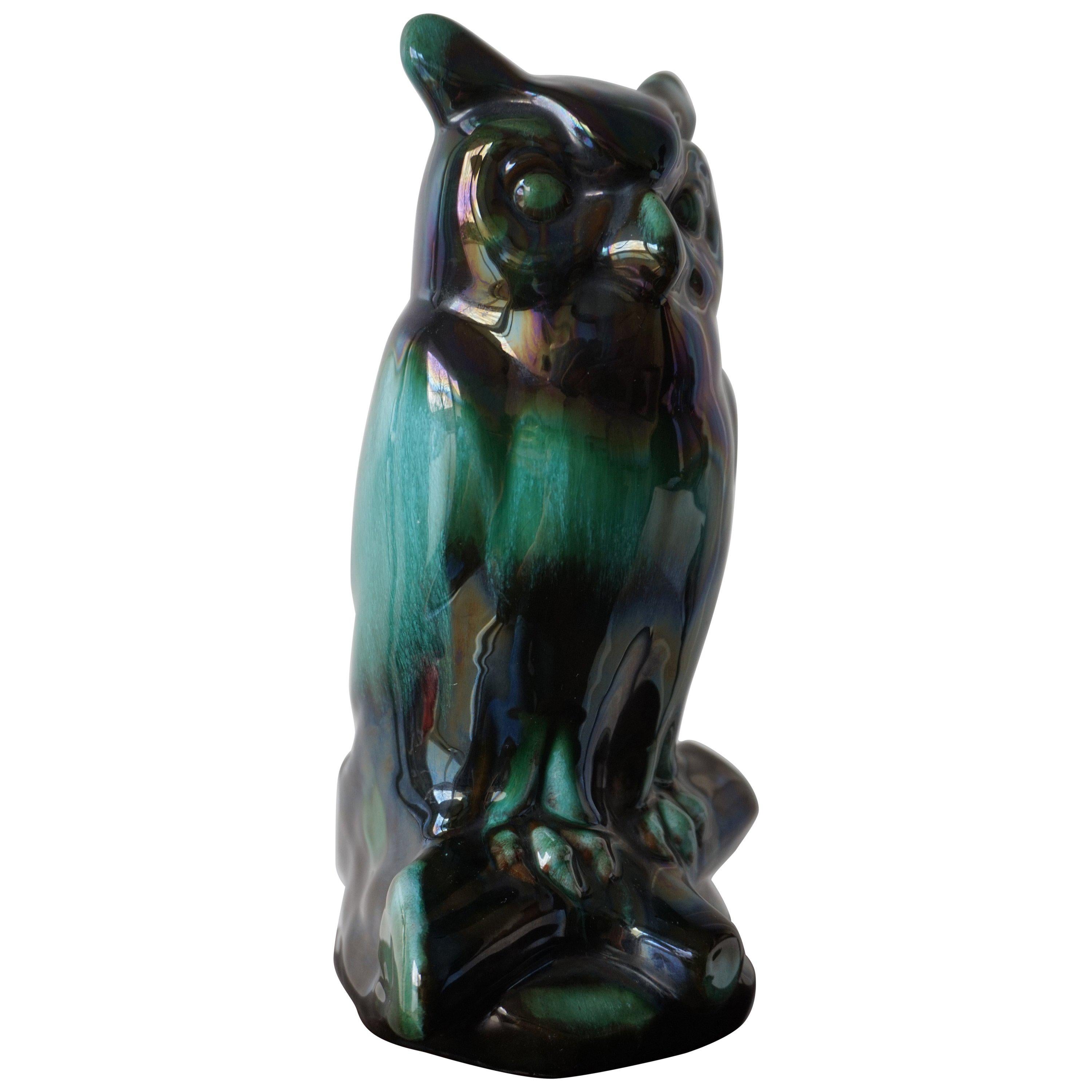 Mid-20th Century Glazed Earthenware Owl in Stunning Color and Mint Condition