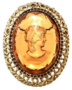 Mid-20th Century Gold & Amber Carved Glass Cameo Brooch & Necklace Pendant