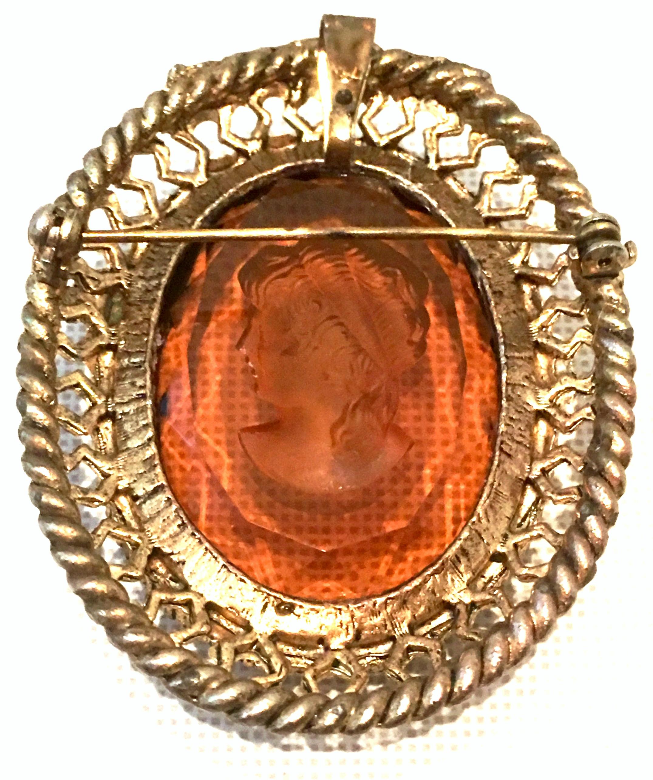 Mid-20th Century Gold & Amber Carved Glass Cameo Brooch & Necklace Pendant In Good Condition For Sale In West Palm Beach, FL