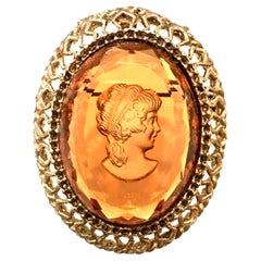 Vintage Mid-20th Century Gold & Amber Carved Glass Cameo Brooch & Necklace Pendant