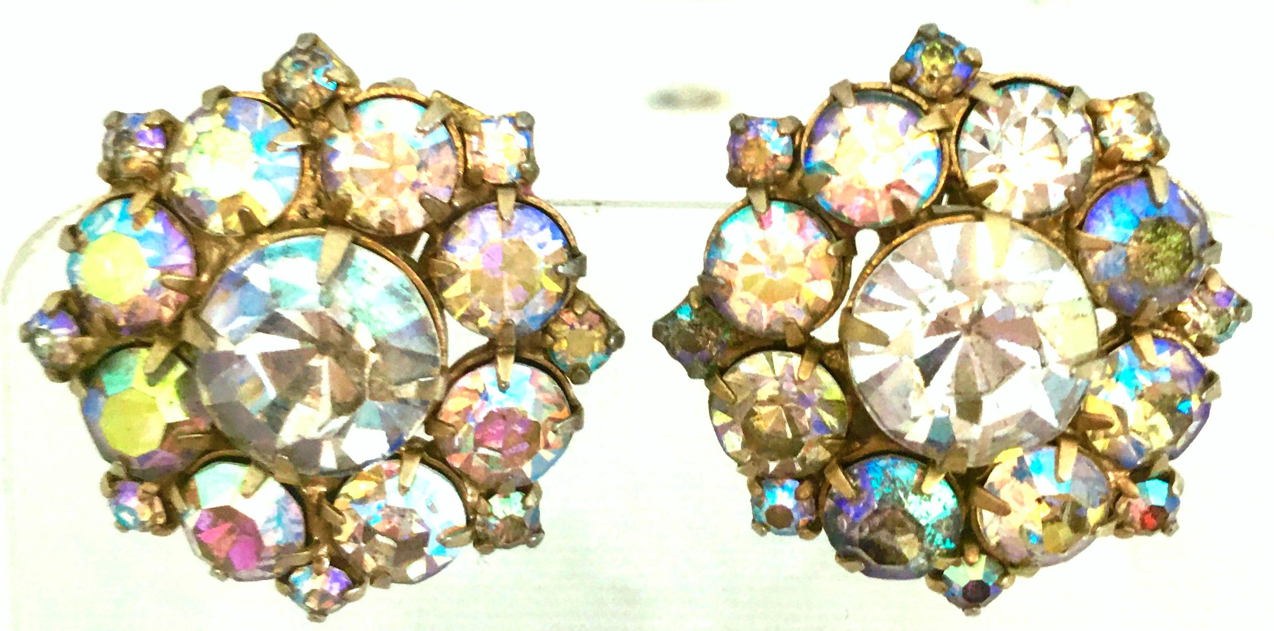 Women's or Men's Mid-20th Century Gold & Aurora Borealis Austrian Crystal Pair Of Earrings For Sale