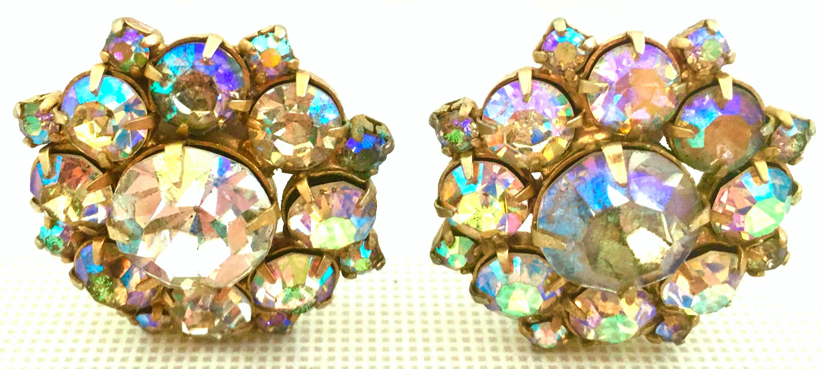 Mid-20th Century Gold & Aurora Borealis Austrian Crystal Pair Of Earrings For Sale 1