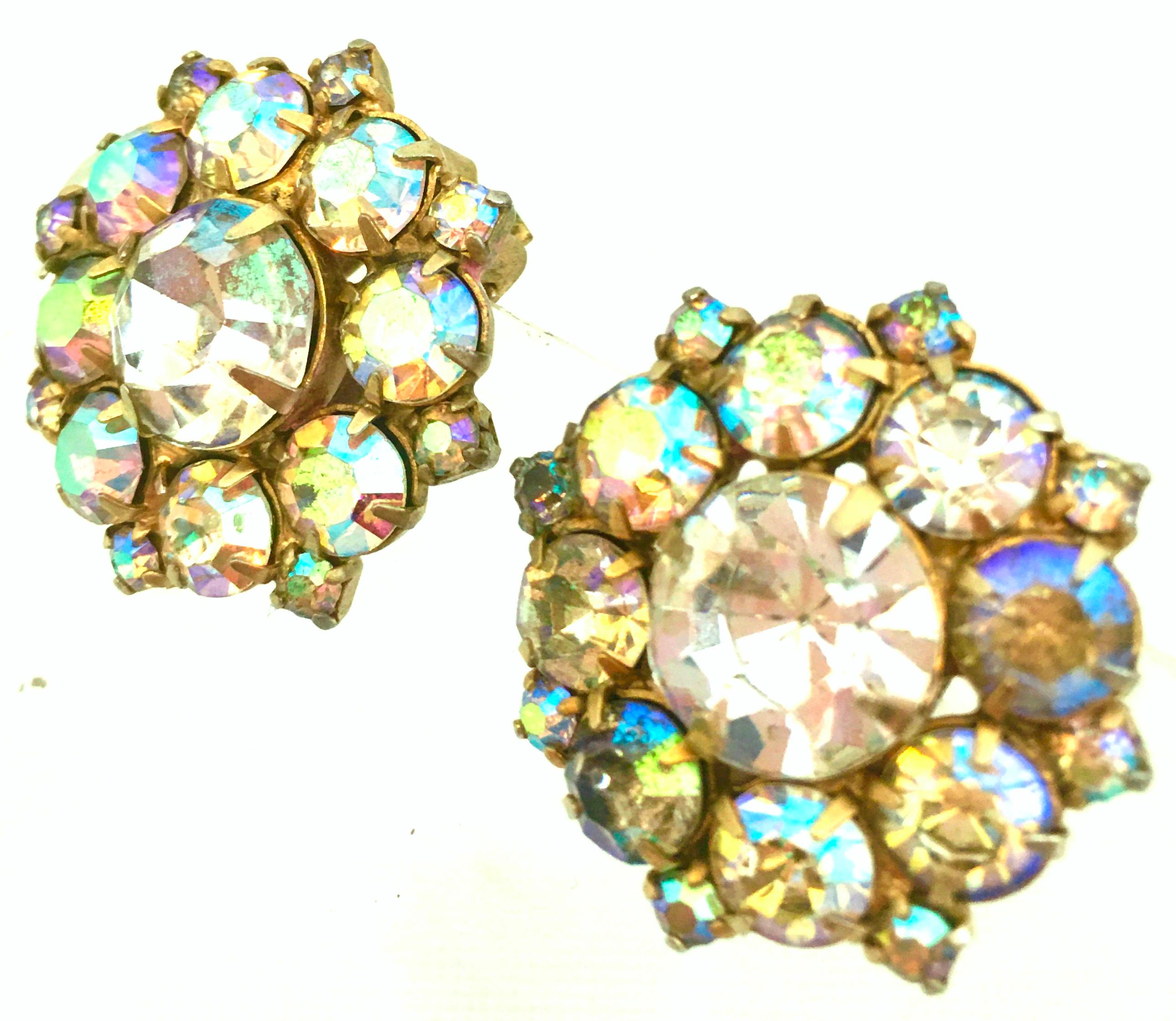 Mid-20th Century Gold & Aurora Borealis Austrian Crystal Pair Of Earrings For Sale 2