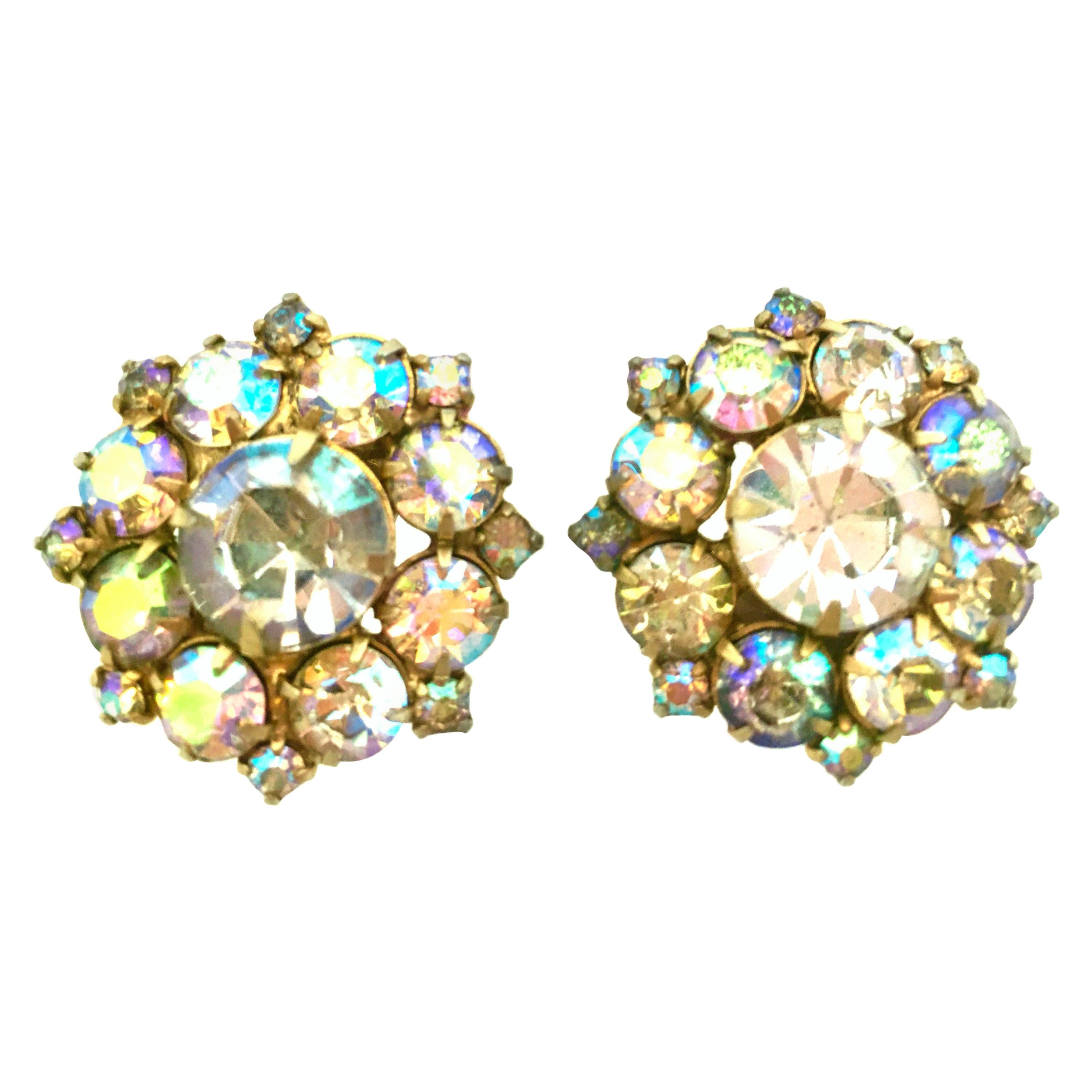 Mid-20th Century Gold & Aurora Borealis Austrian Crystal Pair Of Earrings For Sale