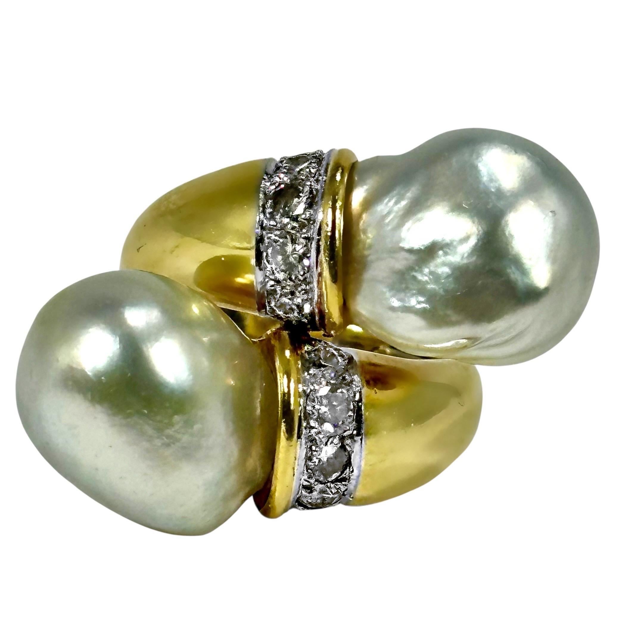 Bypass-Ring aus Gold, Barockperlen und Diamanten von Tambetti aus der Mitte des 20.