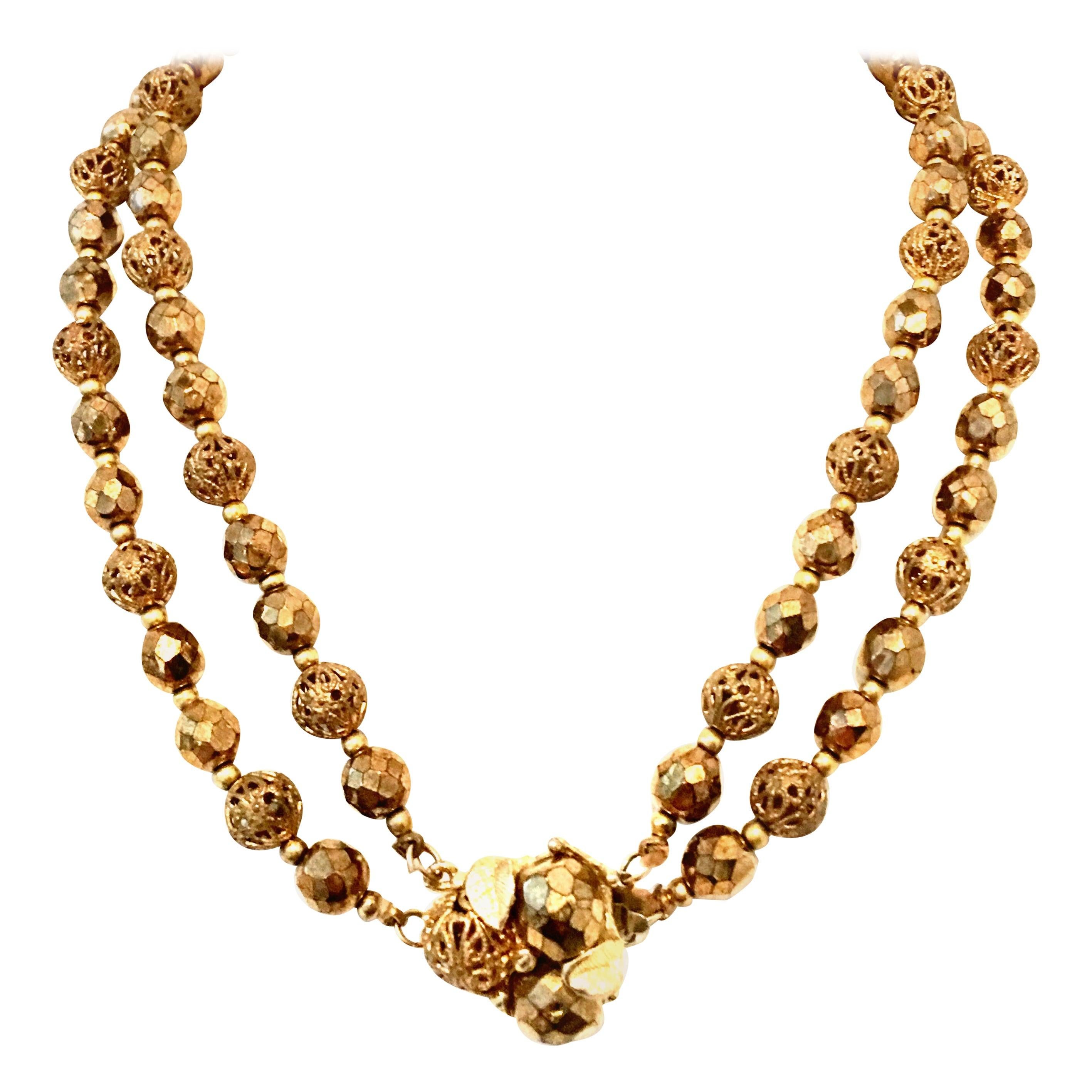 Mid-20th Century Gold Bead Double Strand Choker Necklace For Sale