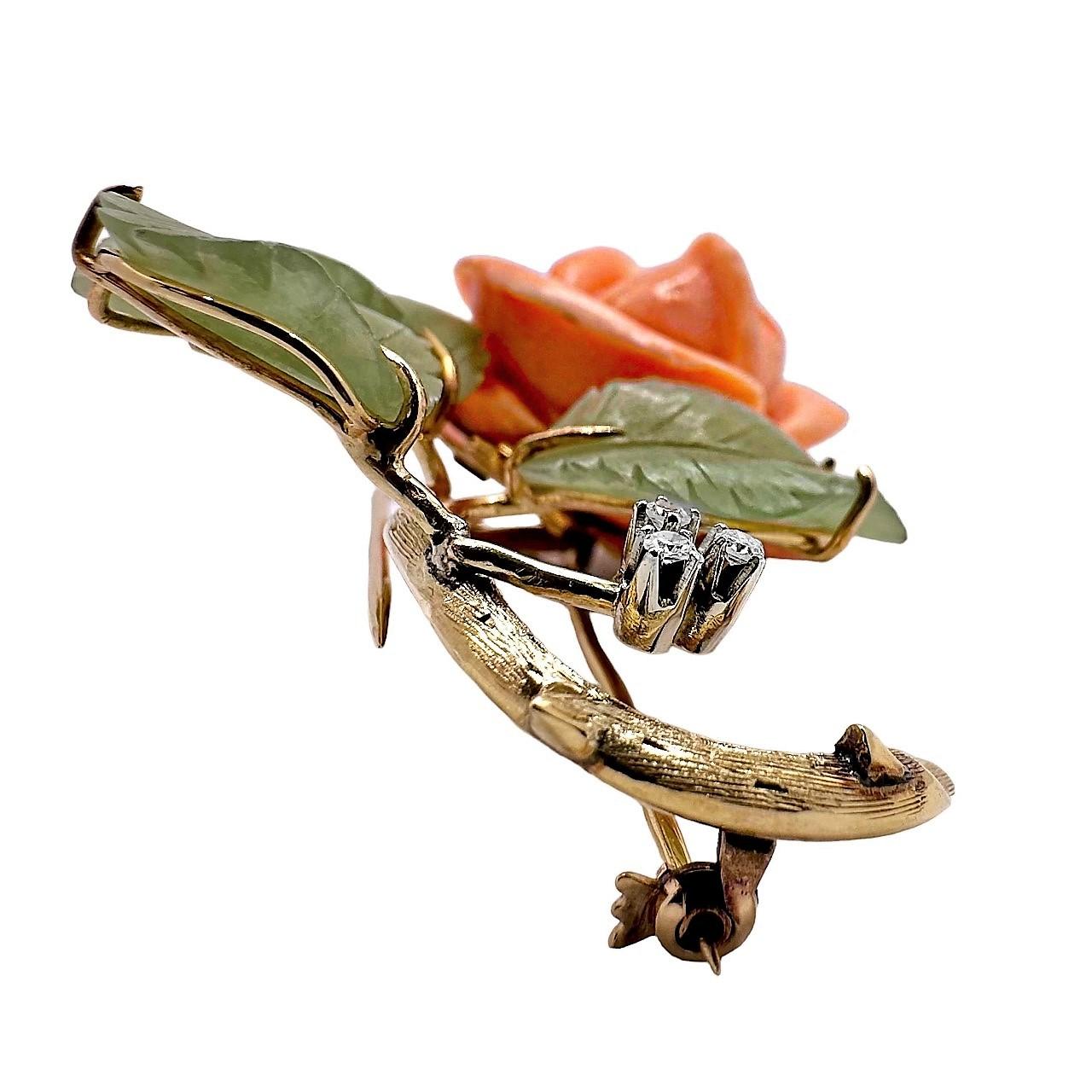 Modern Mid-20th Century Gold, Coral, Hard Stone and Diamond Rose Brooch For Sale
