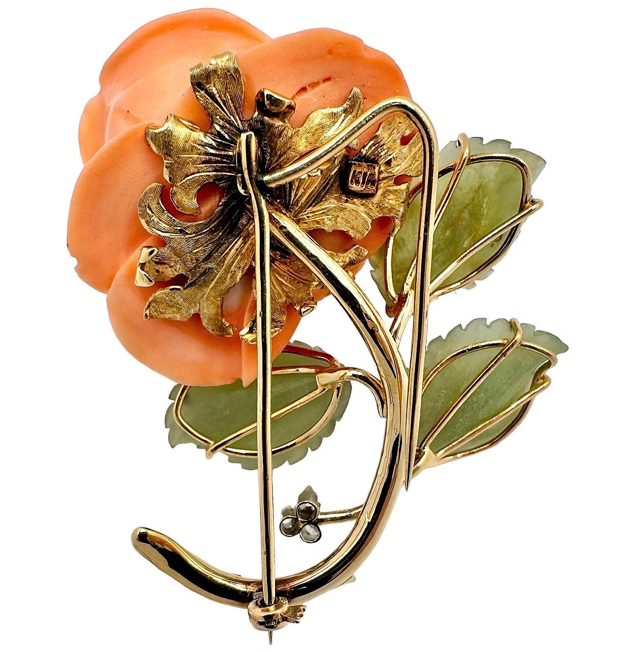 Women's Mid-20th Century Gold, Coral, Hard Stone and Diamond Rose Brooch For Sale