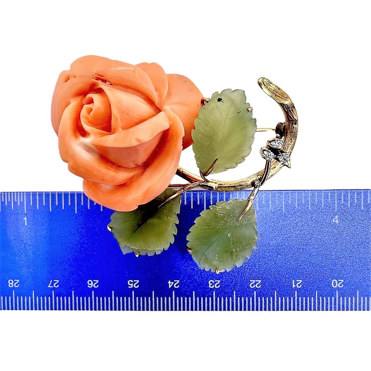 Mid-20th Century Gold, Coral, Hard Stone and Diamond Rose Brooch For Sale 2