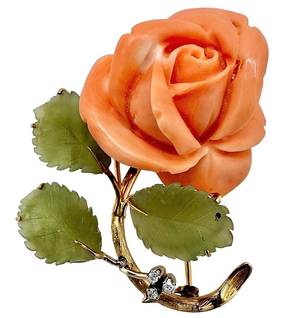 Mid-20th Century Gold, Coral, Hard Stone and Diamond Rose Brooch For Sale