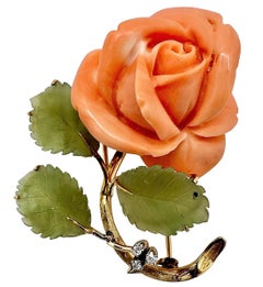 Mid-20th Century Gold, Coral, Hard Stone and Diamond Rose Brooch