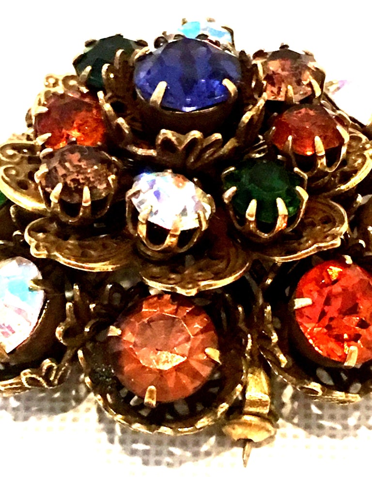 Mid20th Century Gold Vermeil Dimensional Austrian Crystal Brooch By