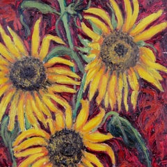 Sunflowers - Mid Century Greek Expressionist Still Life Oil on Board Painting