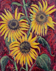 Sunflowers - Mid Century Greek Expressionist Still Life Oil on Board Painting