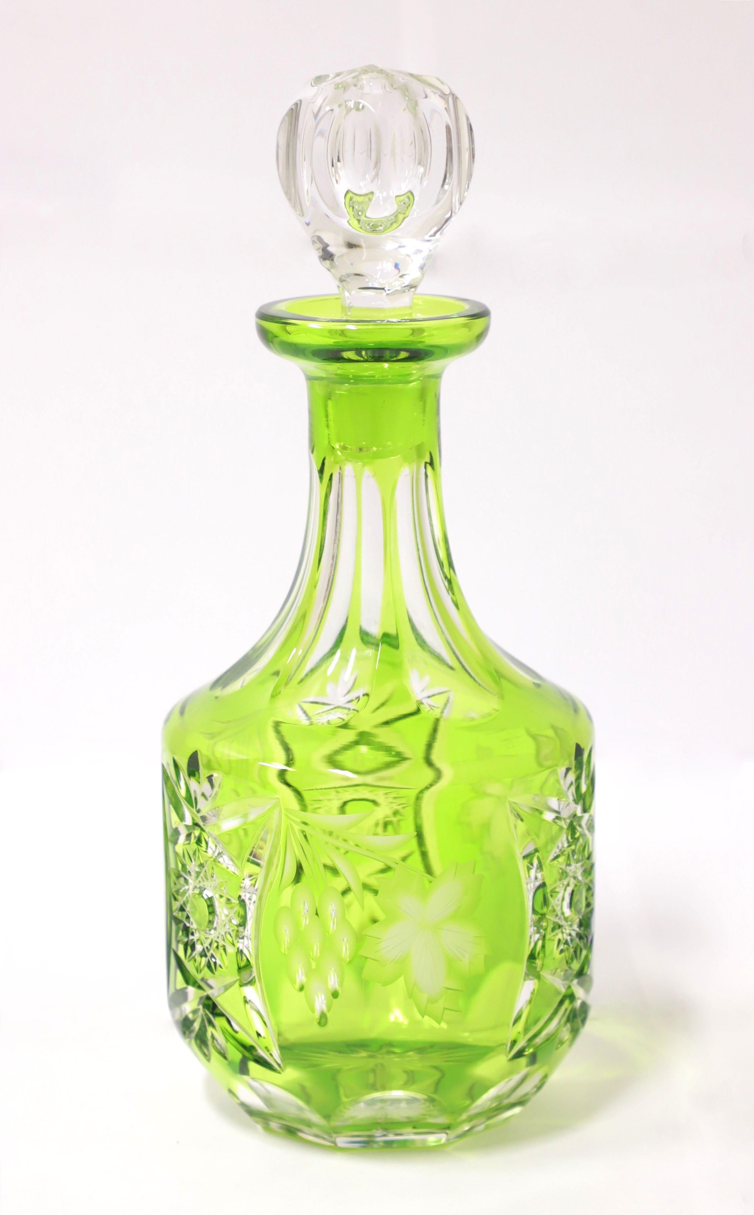 Mid 20th Century Green Cut to Clear Crystal Decanter 5