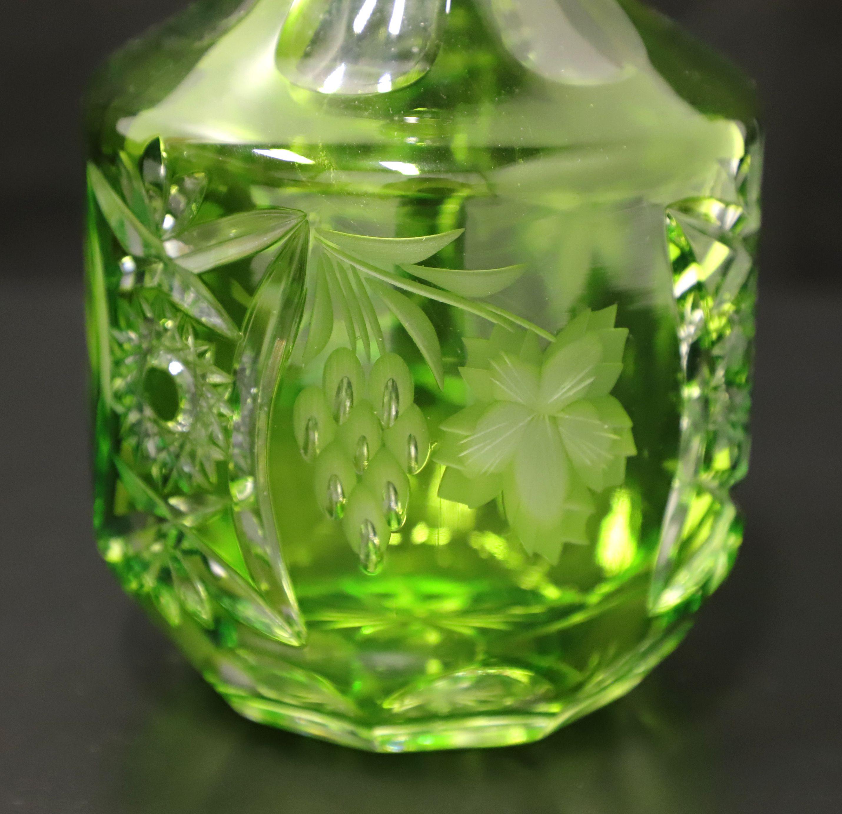 Mid 20th Century Green Cut to Clear Crystal Decanter 1