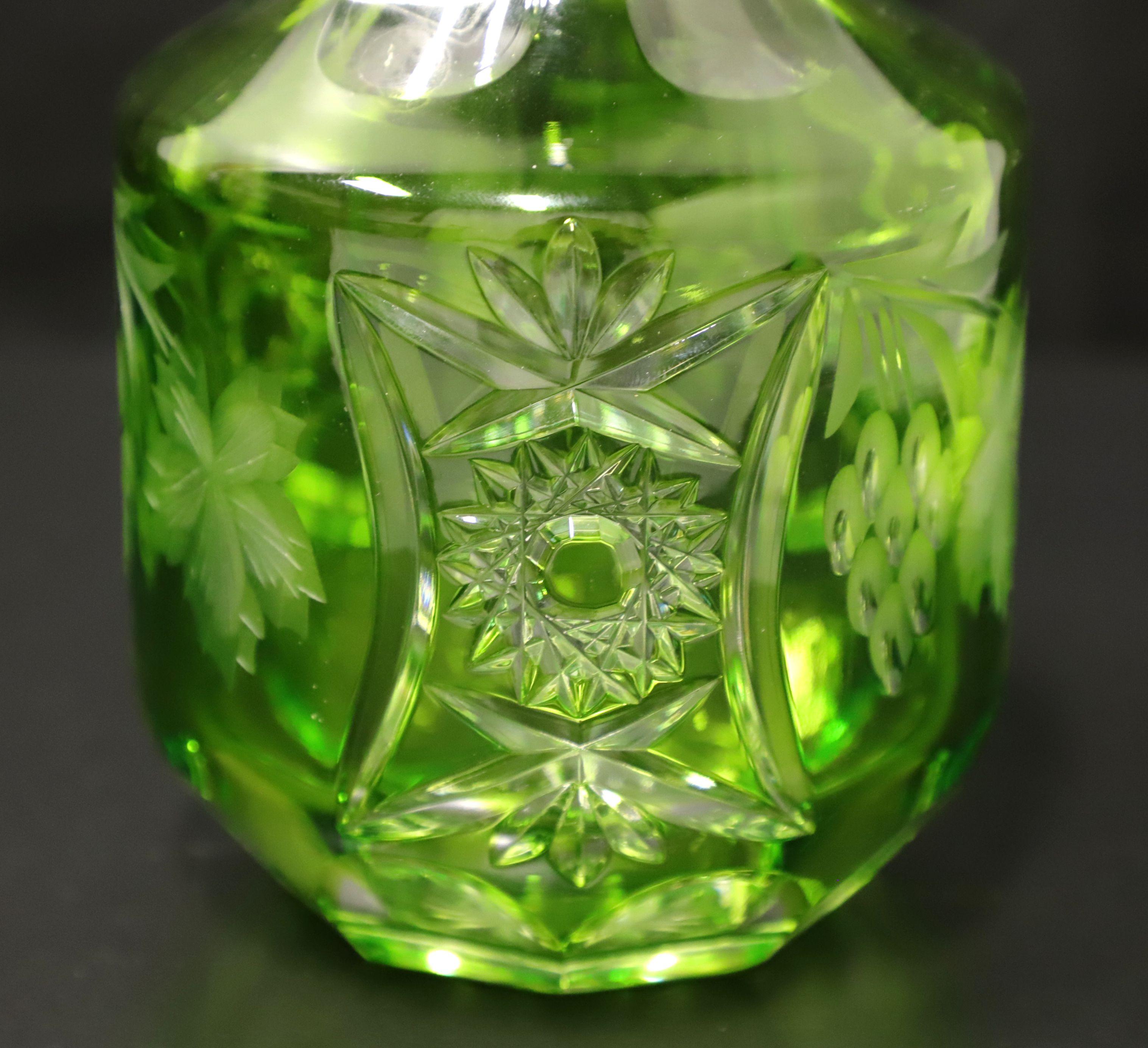 Mid 20th Century Green Cut to Clear Crystal Decanter 2