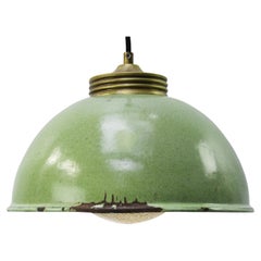Mid-20th Century Green Enamel Pendant Lamp with Frosted Glass & Brass
