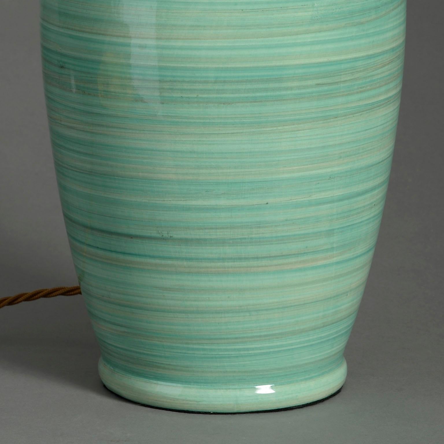 English Mid-20th Century Green Glazed Vase Lamp