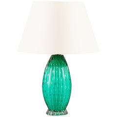 Mid-20th Century Green Murano Glass Vase as a Table Lamp with Bullecante Motif