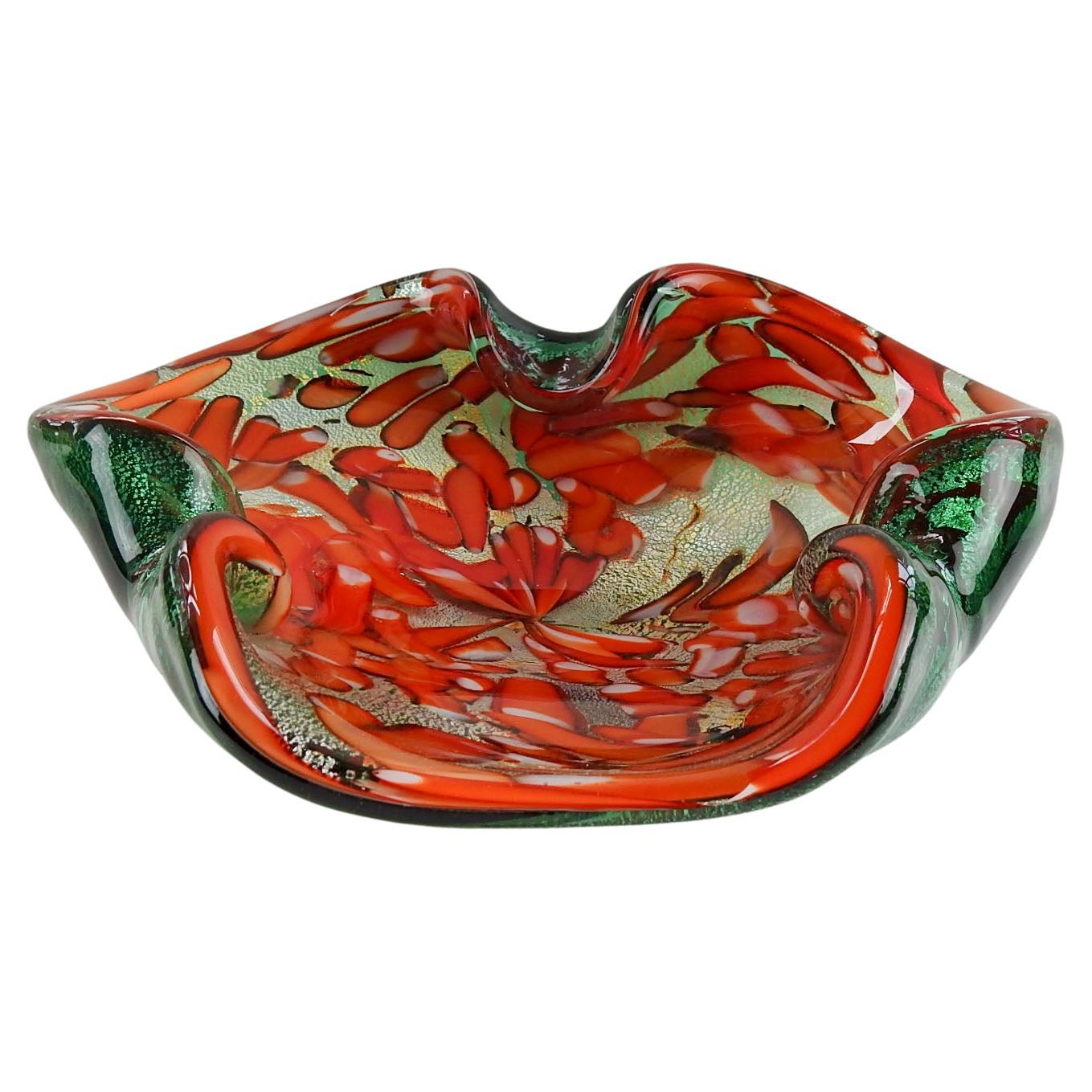 Mid 20th Century Green, Orange & Gold Murano Glass Bowl For Sale