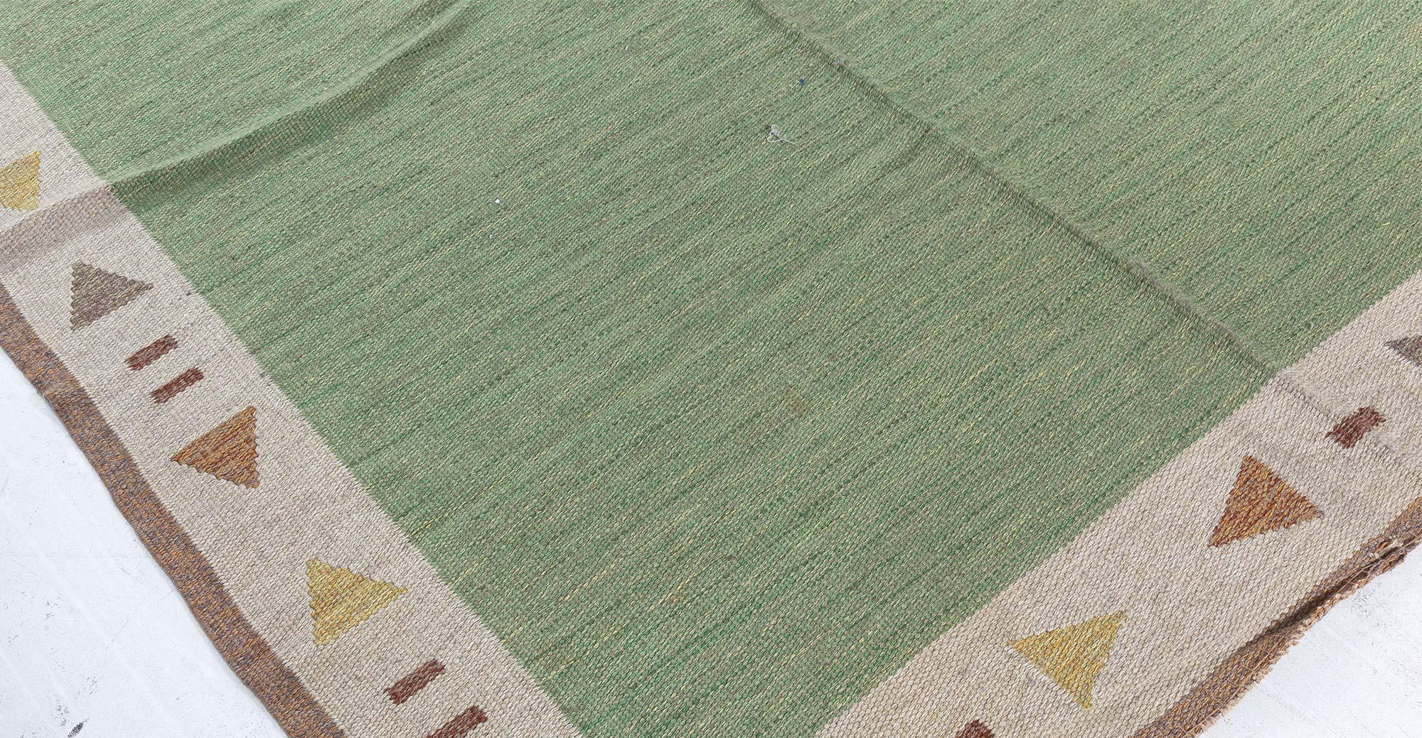 Wool Mid-20th Century Green Swedish Flat-Woven Rug For Sale