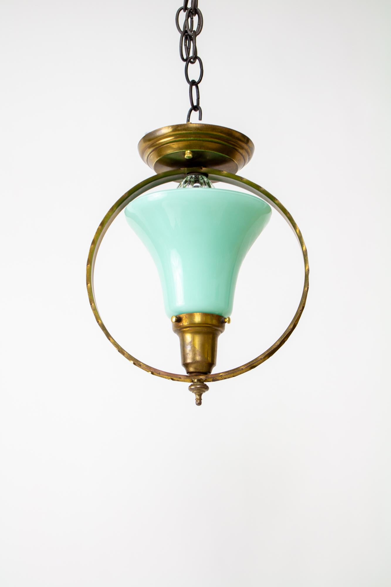 Mid 20th Century Hall Pendant with Turquoise Glass In Good Condition In Canton, MA