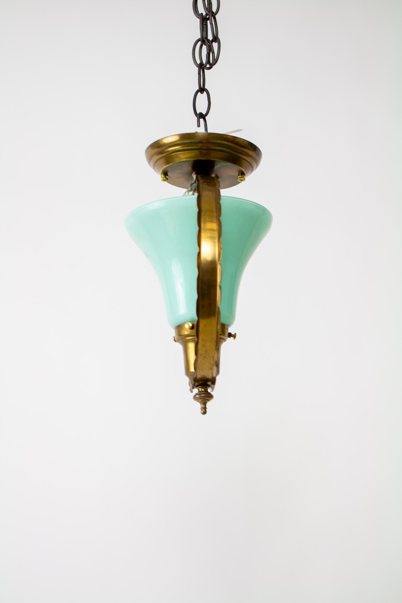 Brass Mid 20th Century Hall Pendant with Turquoise Glass