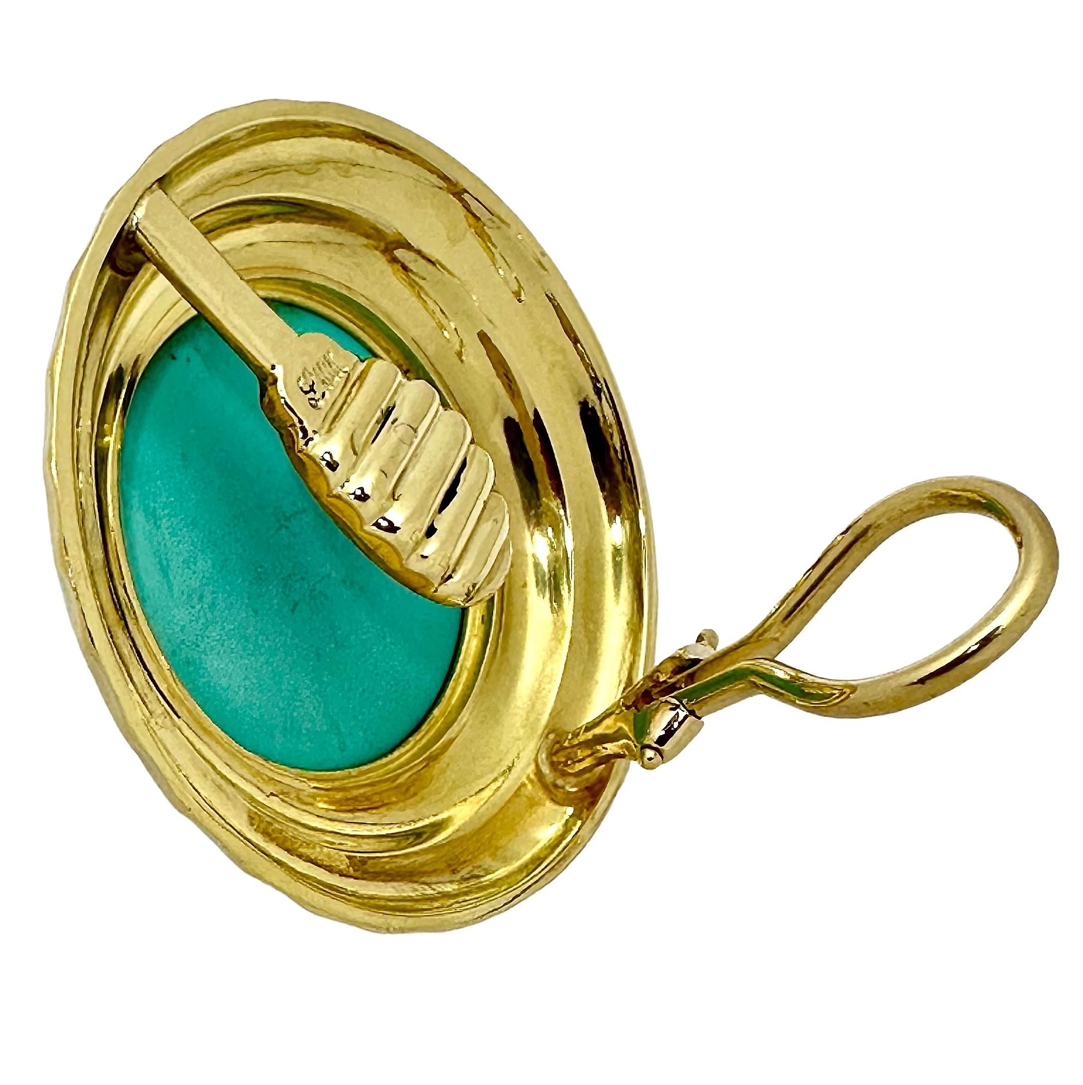 Cabochon Mid-20th Century Hammered 18K Yellow Gold and Turquoise Earrings
